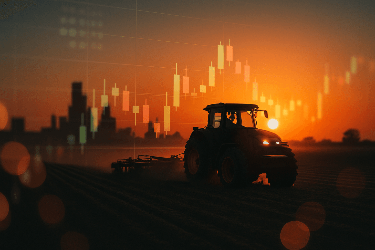 Tractor working on a large Brazilian farmland at sunset, symbolizing agribusiness stocks rally
