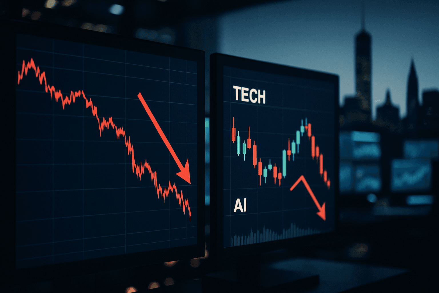 Wall Street trading screens showing a sharp decline in technology and AI stocks