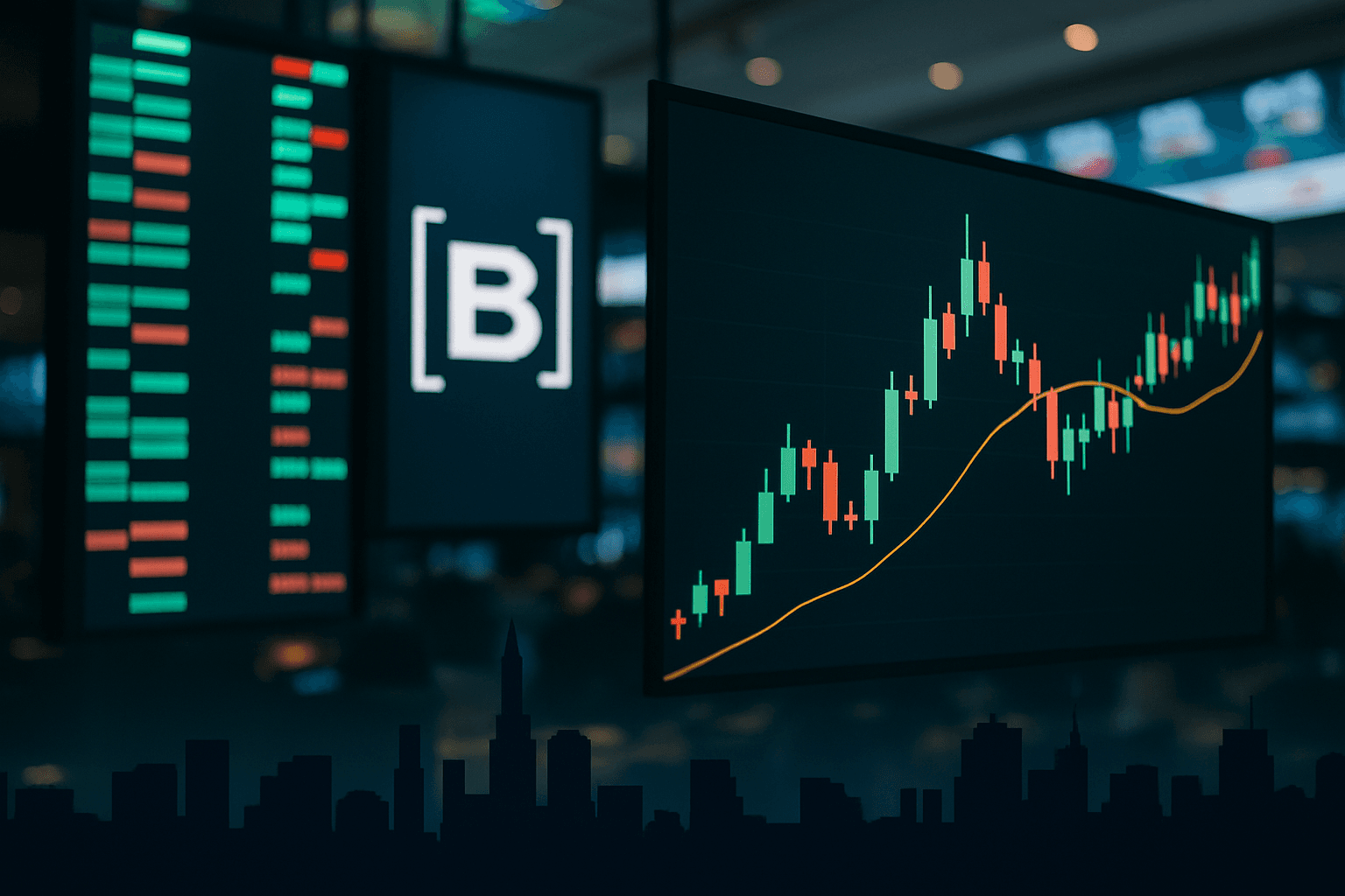 B3 trading floor with screens showing market indices and stock charts