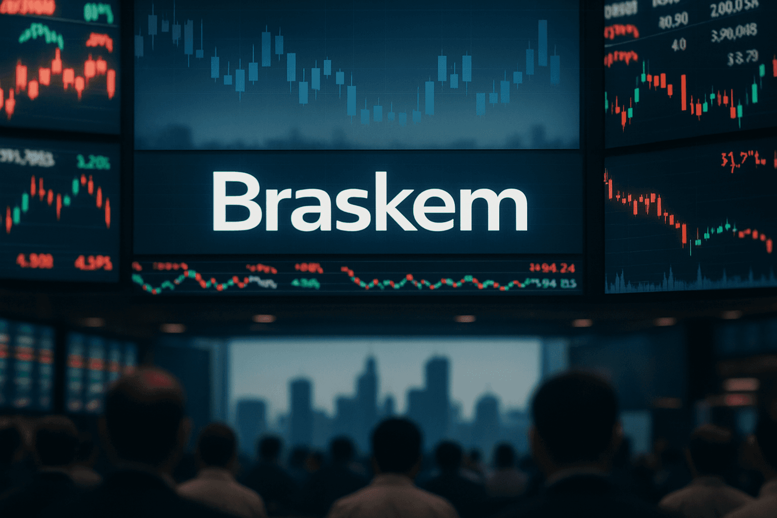 Traders on the B3 trading floor with Braskem logo highlighted on a digital board