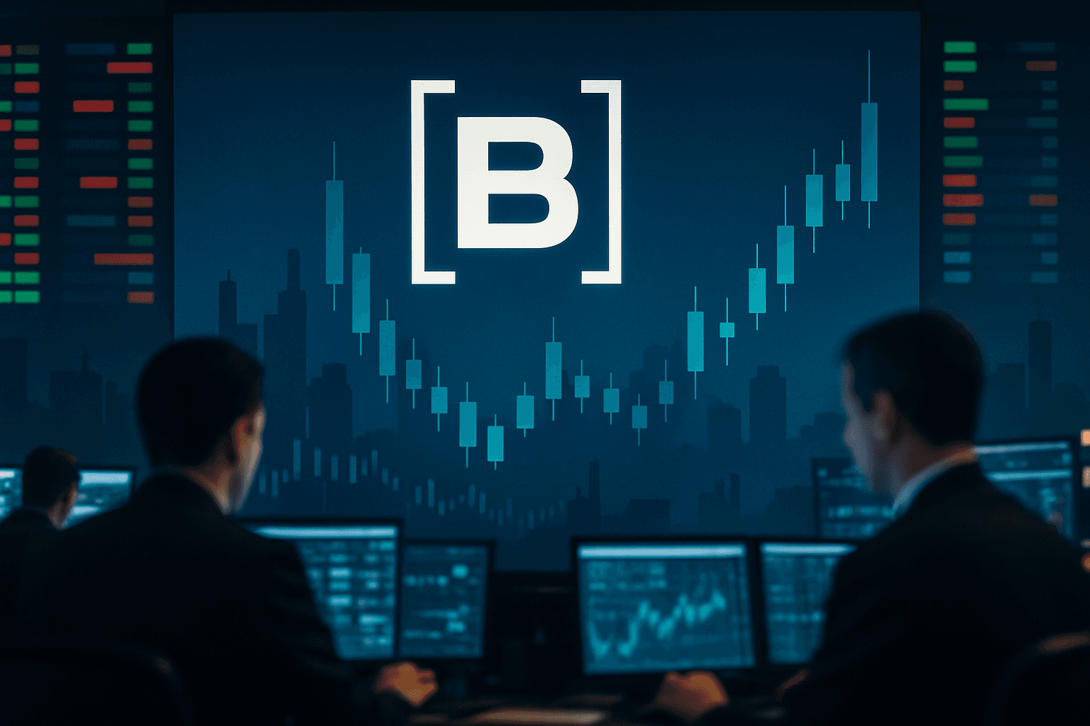 Traders working on the trading floor with B3 logo on large electronic board in the background