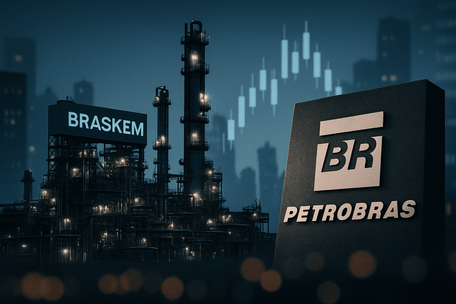 Exterior view of Braskem industrial plant with Petrobras logo symbolizing corporate and financial tension