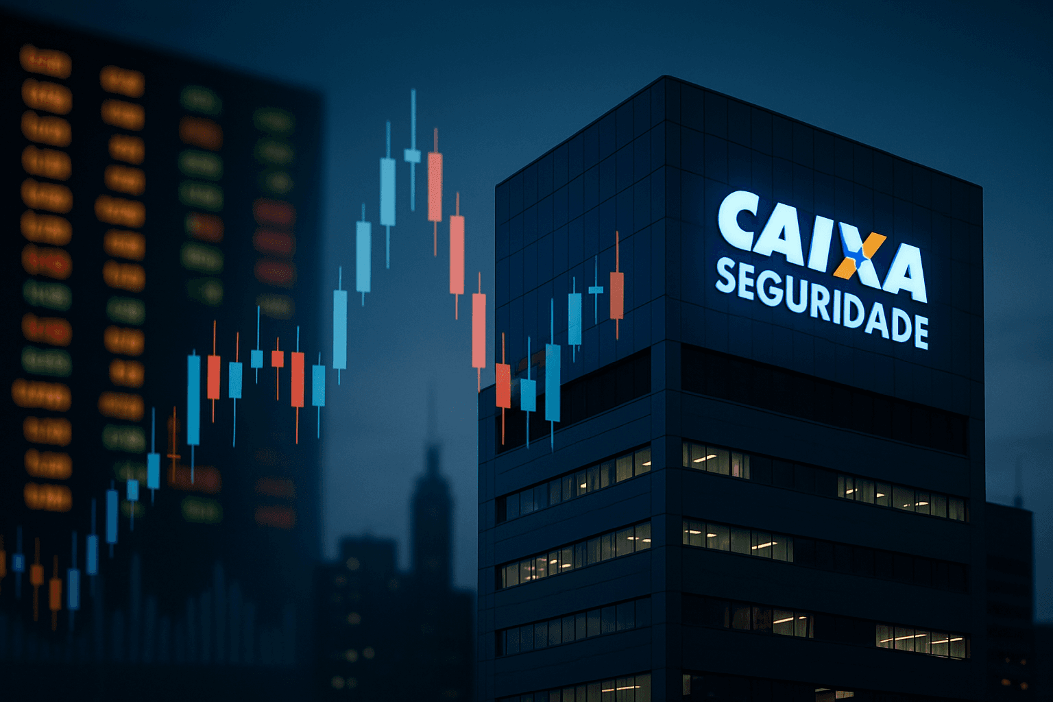 Caixa Seguridade corporate headquarters and Brazilian stock market trading imagery