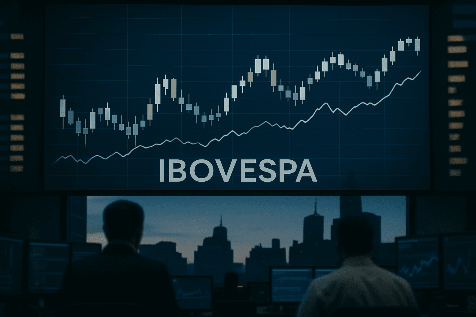 Traders working on the floor with a screen showing the Ibovespa index fluctuating