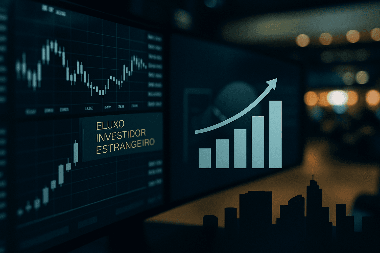 Brazilian stock exchange trading floor with Ibovespa market data and foreign investor flow graphics