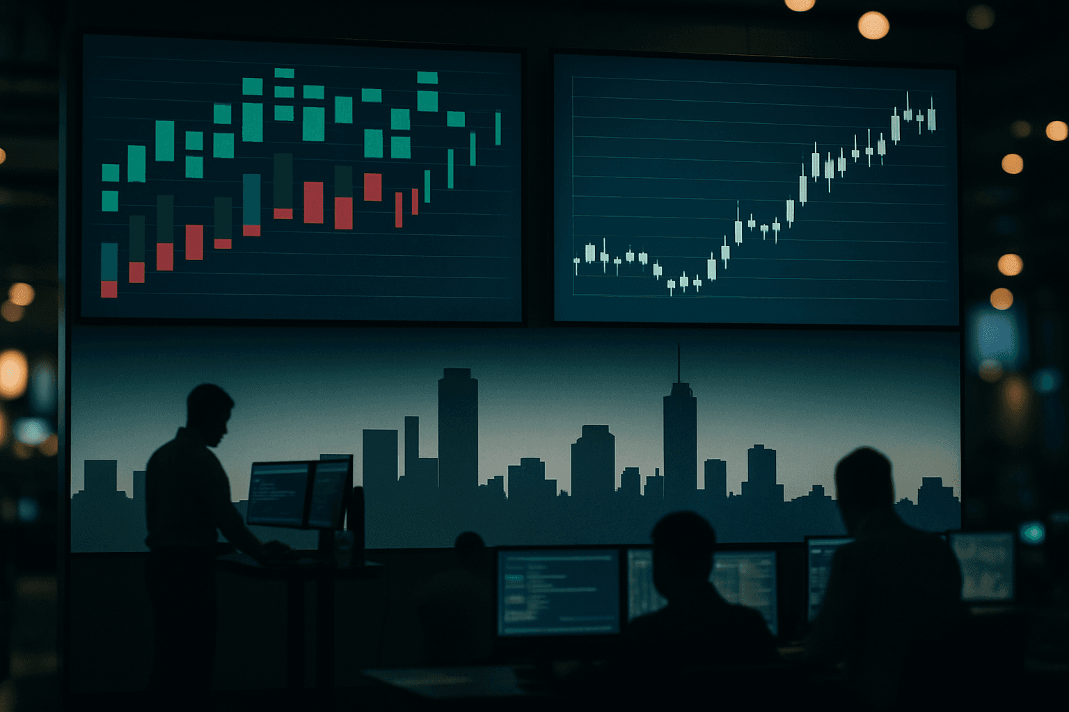 Traders working on the floor of the Brazilian stock exchange with Ibovespa charts on large screens