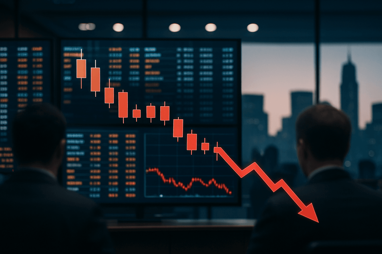 Traders working on the floor with a declining stock chart representing Brazilian Ibovespa under foreign outflows
