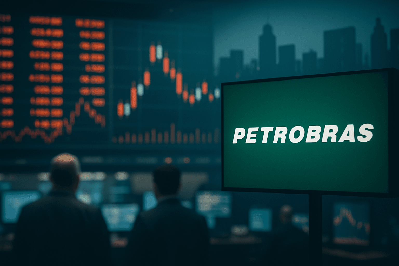 Traders working on the floor of the Brazilian stock exchange with Petrobras logo highlighted on a screen