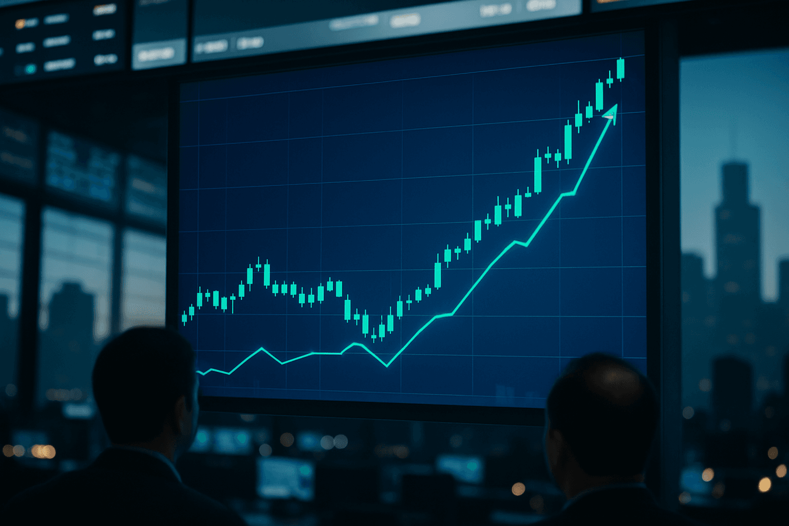 Traders watching large screens with Ibovespa chart spiking during a strong rally in the Brazilian stock market