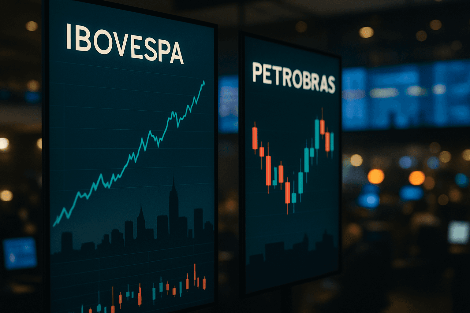 Traders on the B3 trading floor watching electronic boards showing Ibovespa levels and Petrobras share prices