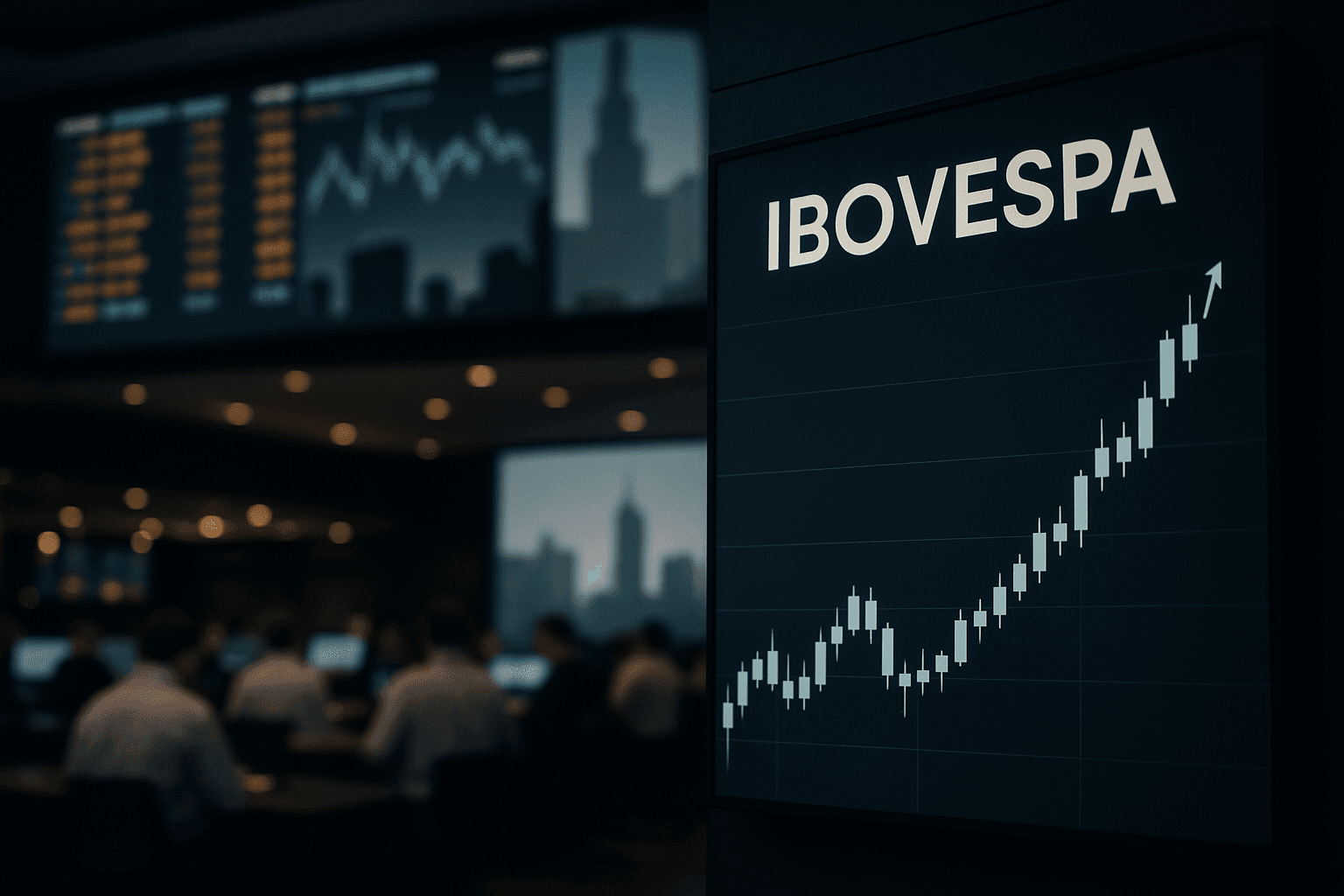 Traders working on the floor of the Brazilian stock exchange with Ibovespa chart showing recent upward movement