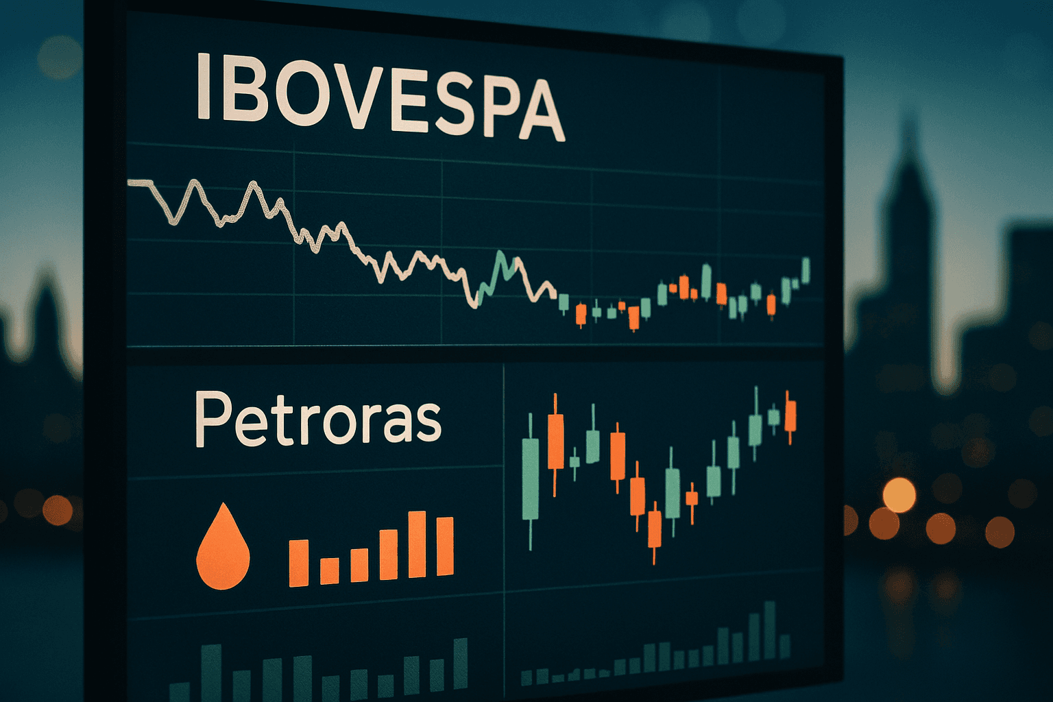 Brazilian stock exchange trading screen showing Ibovespa volatility, Petrobras shares and oil market indicators
