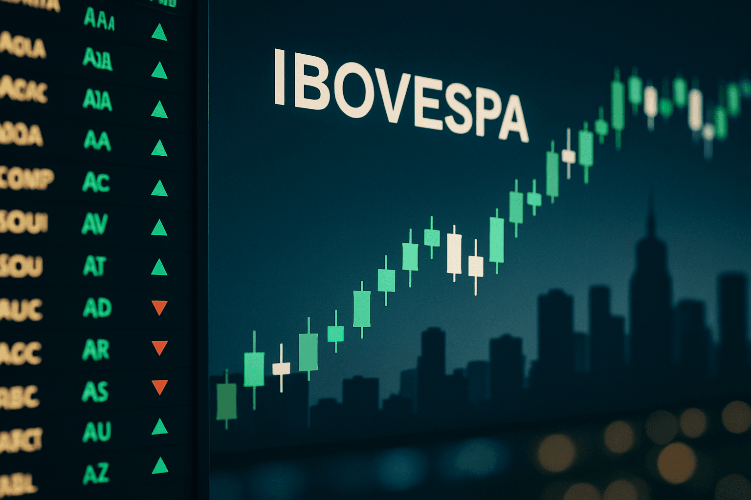 Stock market board with Brazilian equities and the Ibovespa index on a trading screen