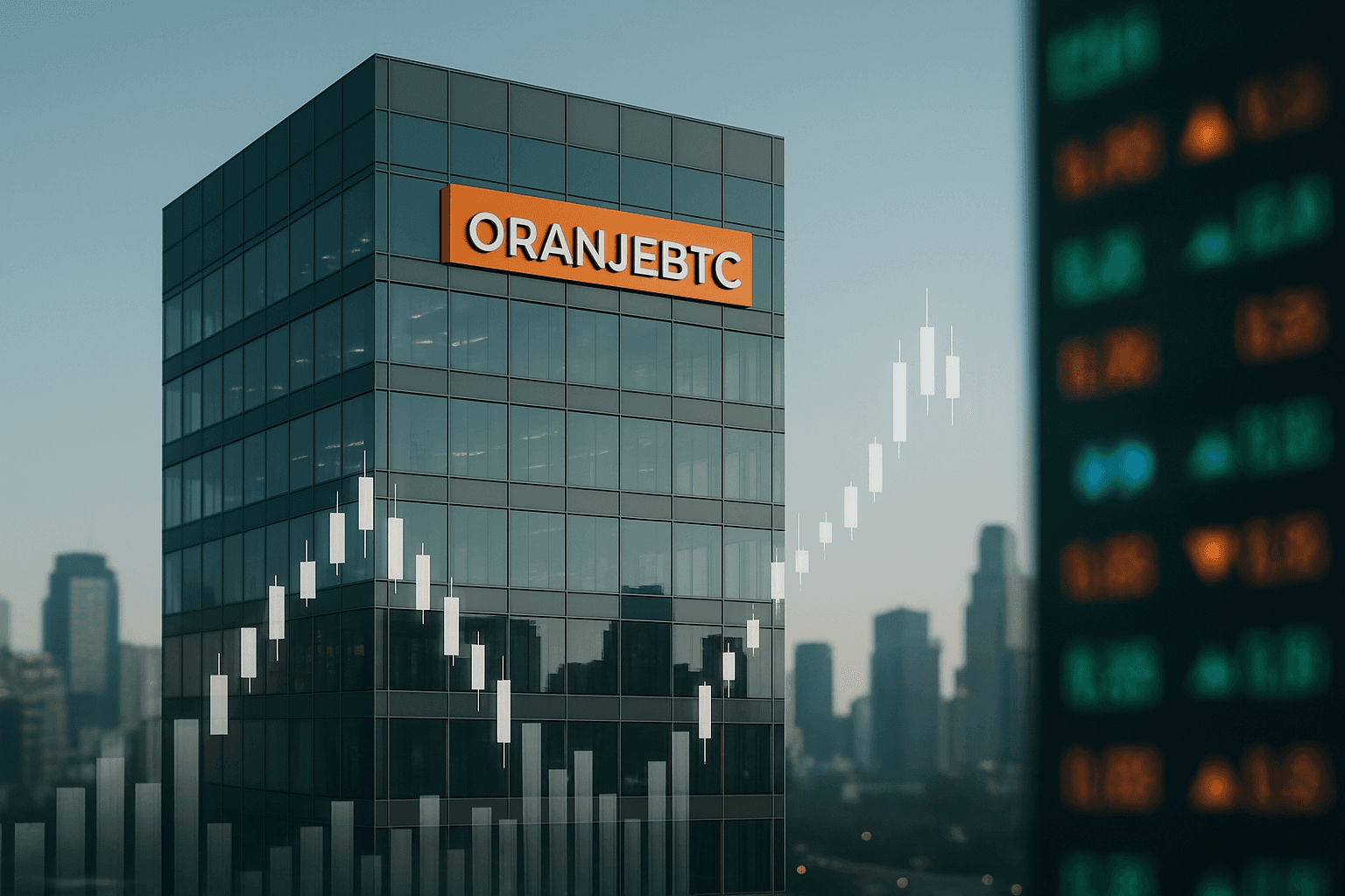 Exterior view of OranjeBTC corporate headquarters with B3 stock market data overlay