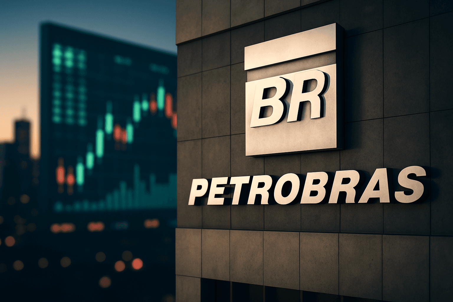 Petrobras logo on building facade with Brazilian stock market board in background