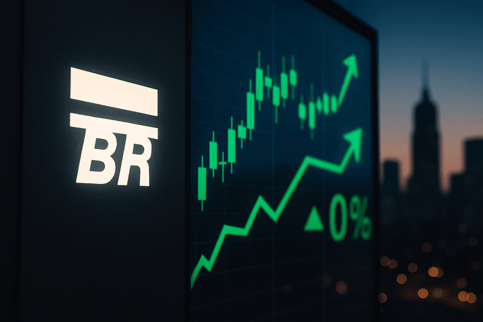 Petrobras logo and Brazilian stock market trading screen representing Ibovespa gains