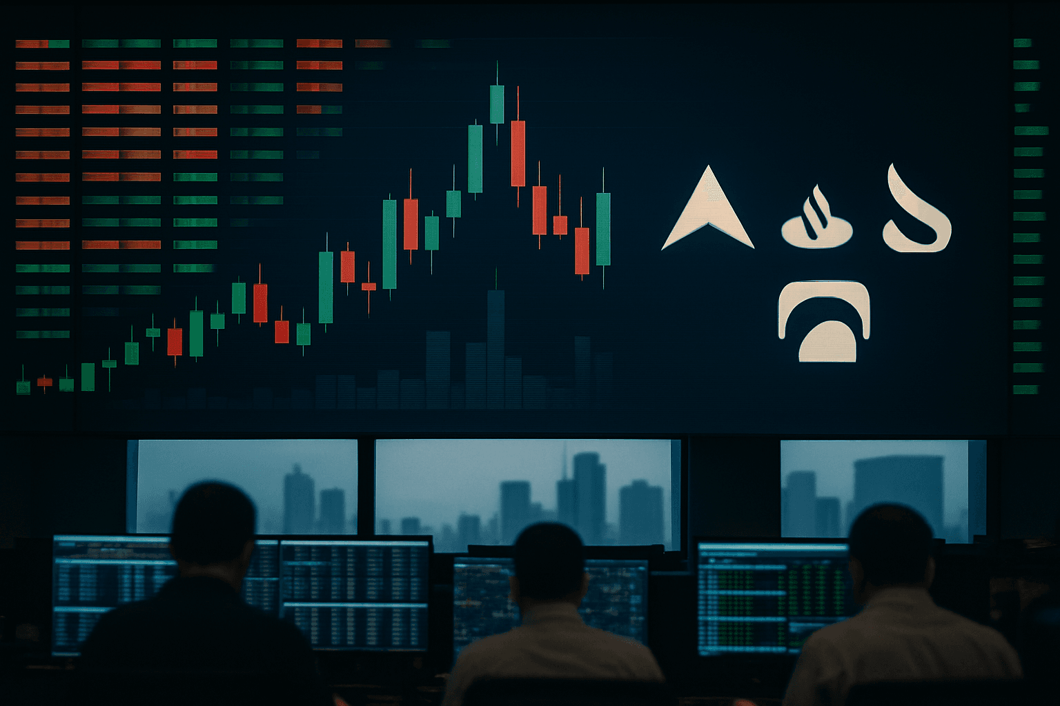Traders work at computers in front of a digital board showing Brazilian stock prices and bank logos at the B3 exchange in São Paulo