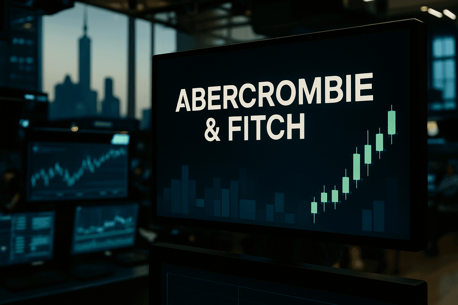 Traders on the floor of the New York Stock Exchange with Abercrombie & Fitch stock highlighted on a screen