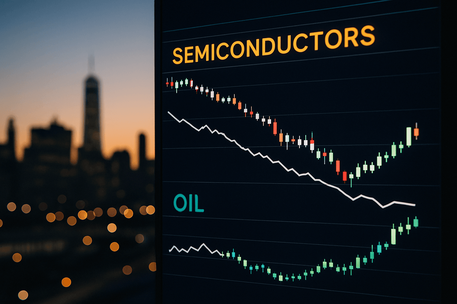Stock market monitor showing semiconductor shares and oil prices moving lower and higher respectively