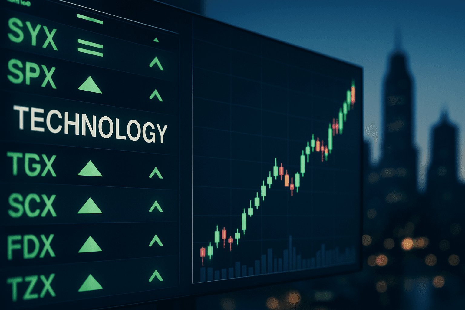 Computer-generated trading screen showing technology stocks rebounding after a market selloff