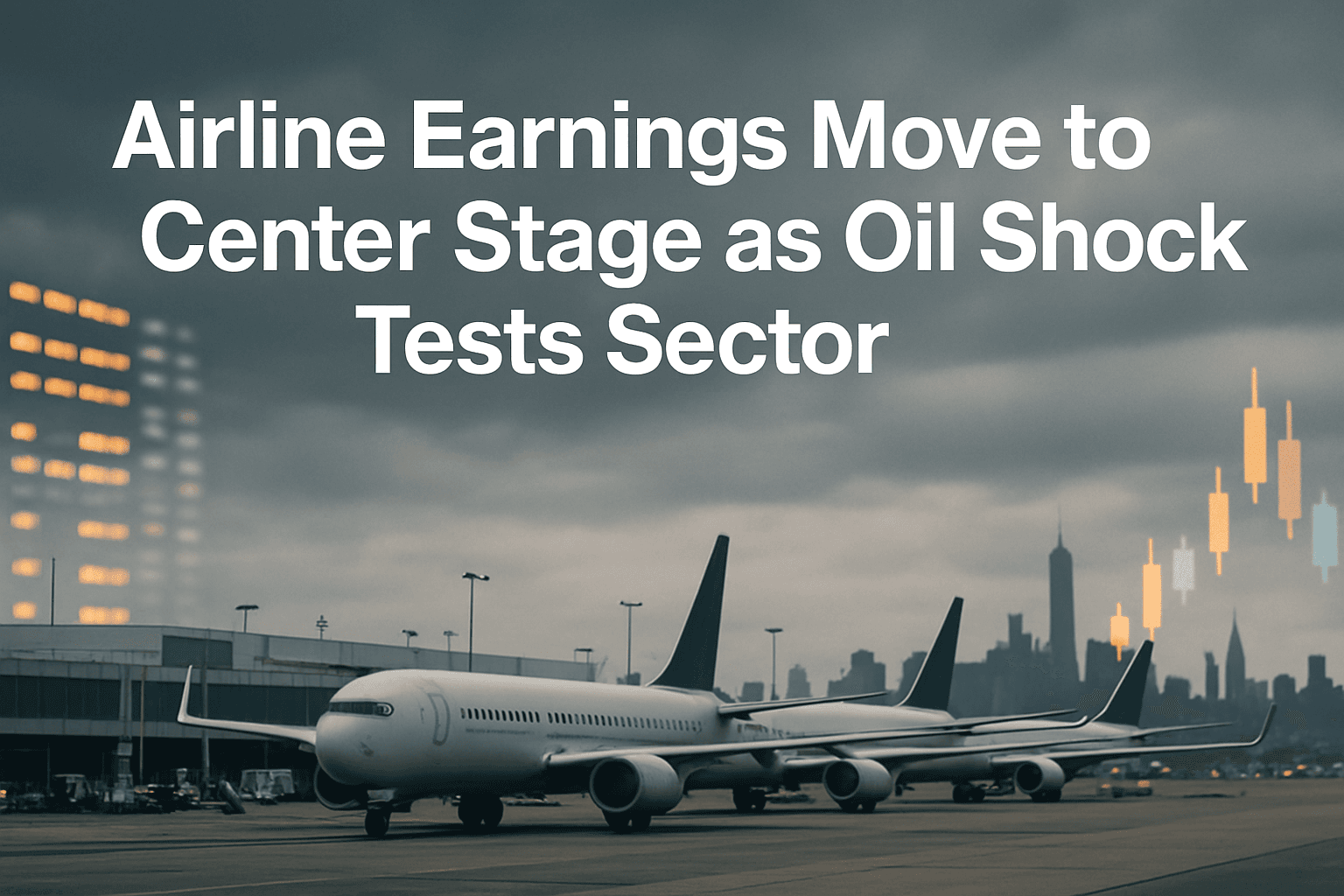 Airplanes lined up at airport gates under cloudy skies, symbolizing airline sector earnings amid market volatility