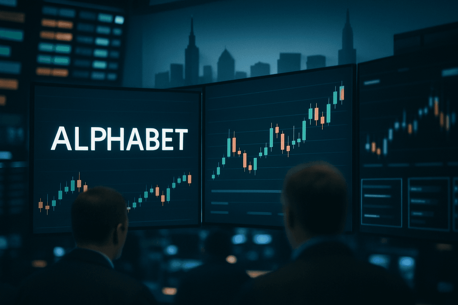 Traders watch Alphabet and other large-cap tech stocks on monitors at a U.S. stock exchange