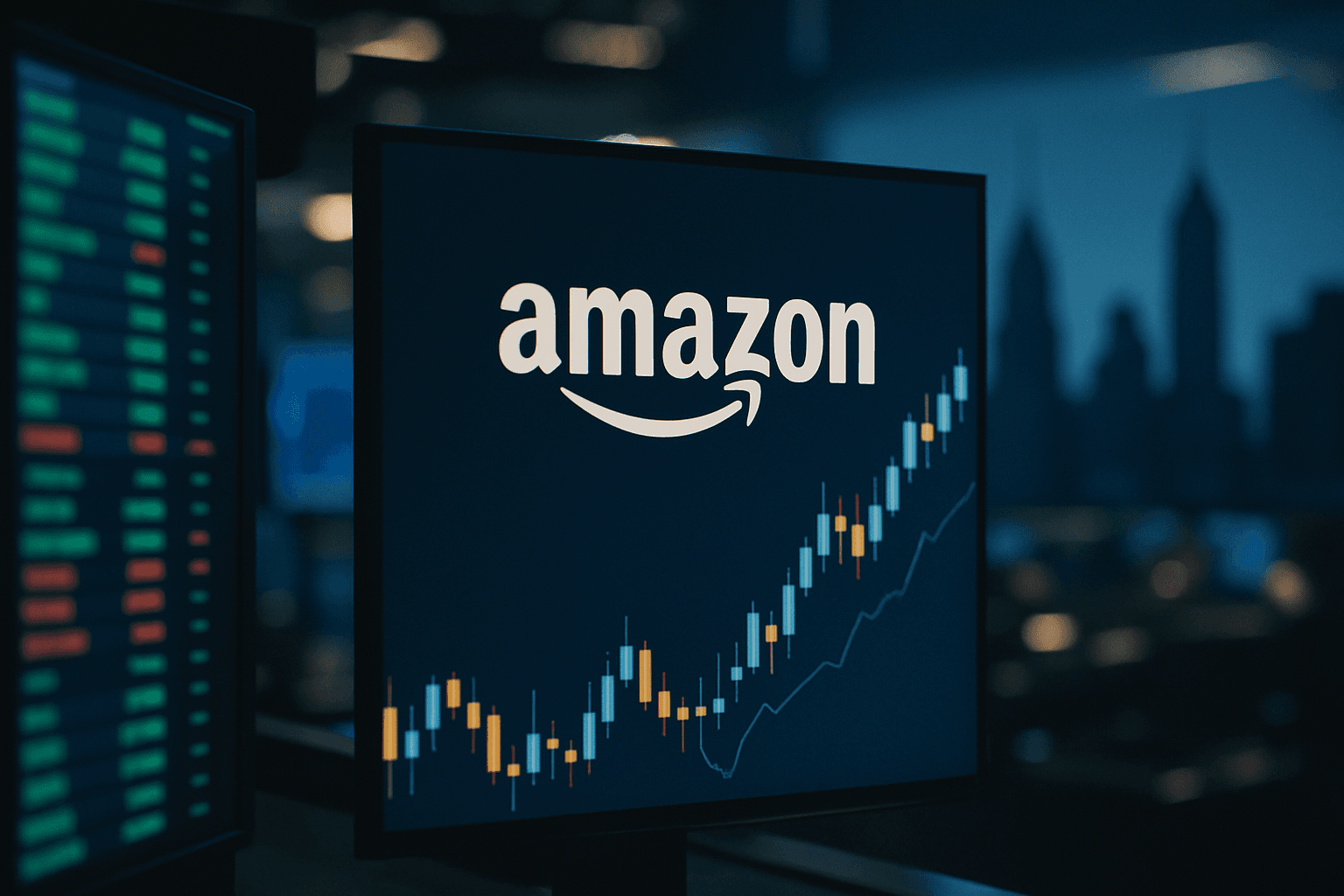 Traders watch Amazon stock move on a screen at the New York Stock Exchange after the company’s earnings release.