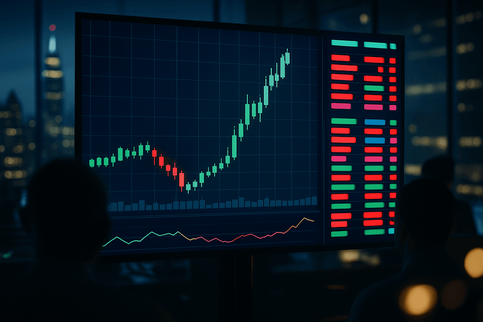 Traders watch a screen showing sharp gains in a biotech stock amid a broadly weaker U.S. equity market