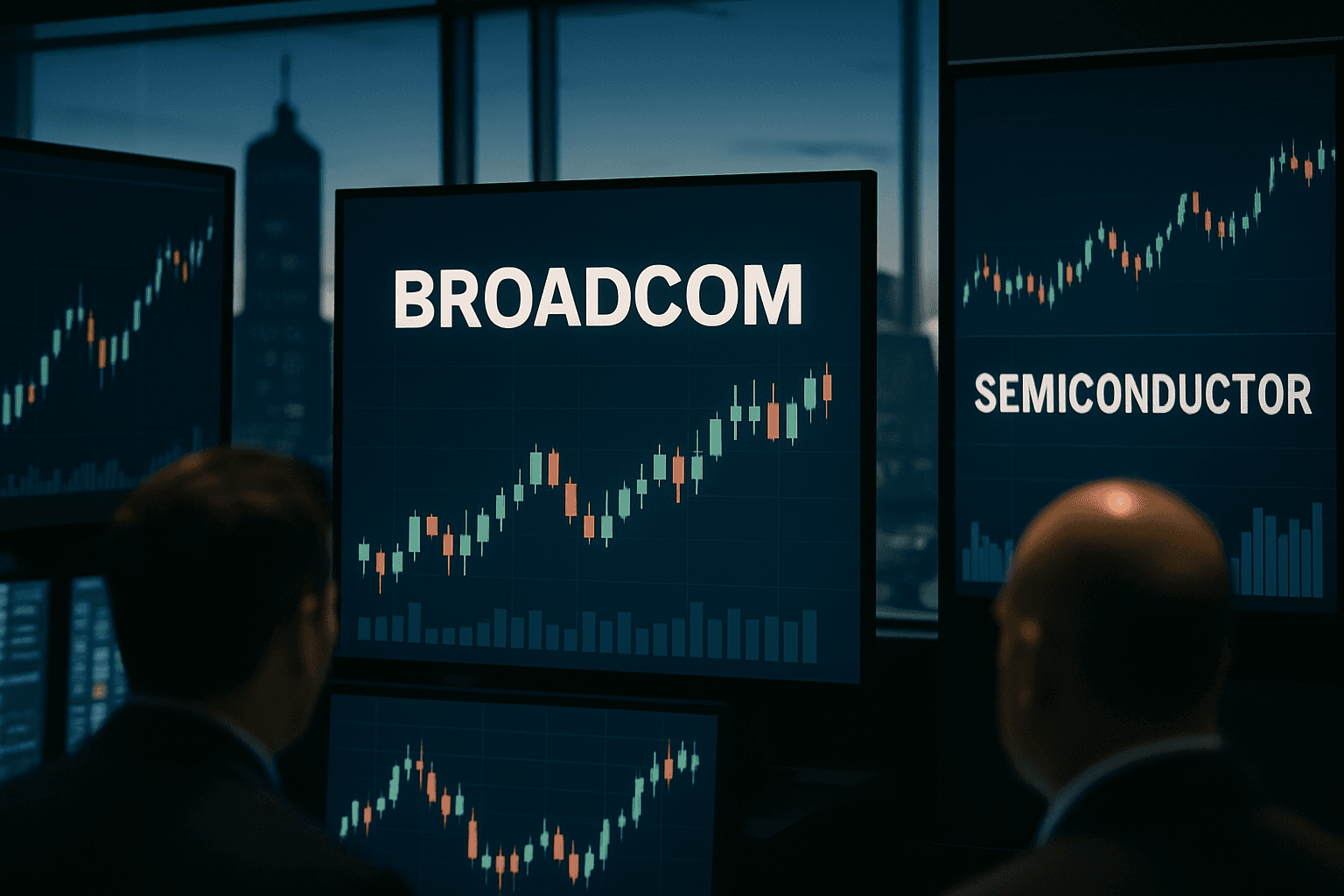 Traders watch Broadcom shares and semiconductor charts on a trading floor as US indexes hit record highs.