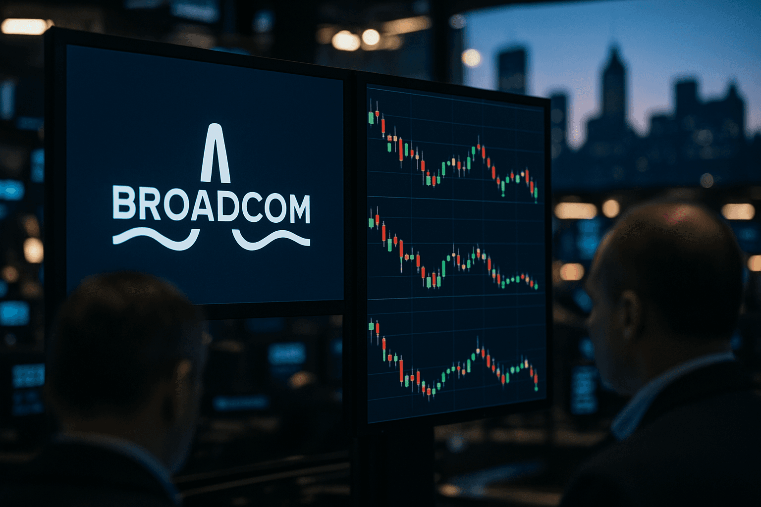 Traders watch screens showing Broadcom and major U.S. stock indexes on a volatile day in the New York Stock Exchange.
