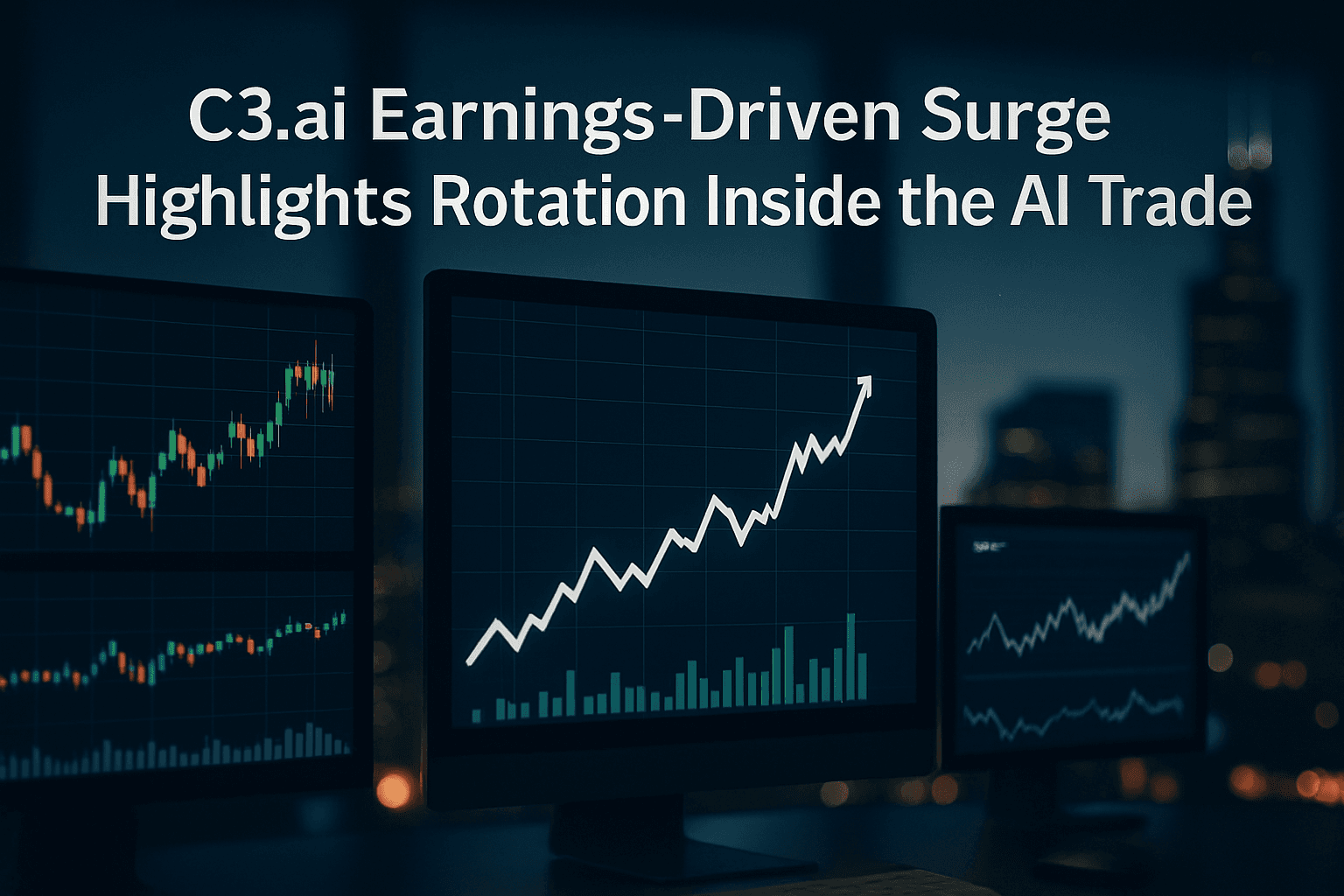 Traders watch stock screens showing a sharp move in C3.ai amid broader volatility in U.S. technology stocks
