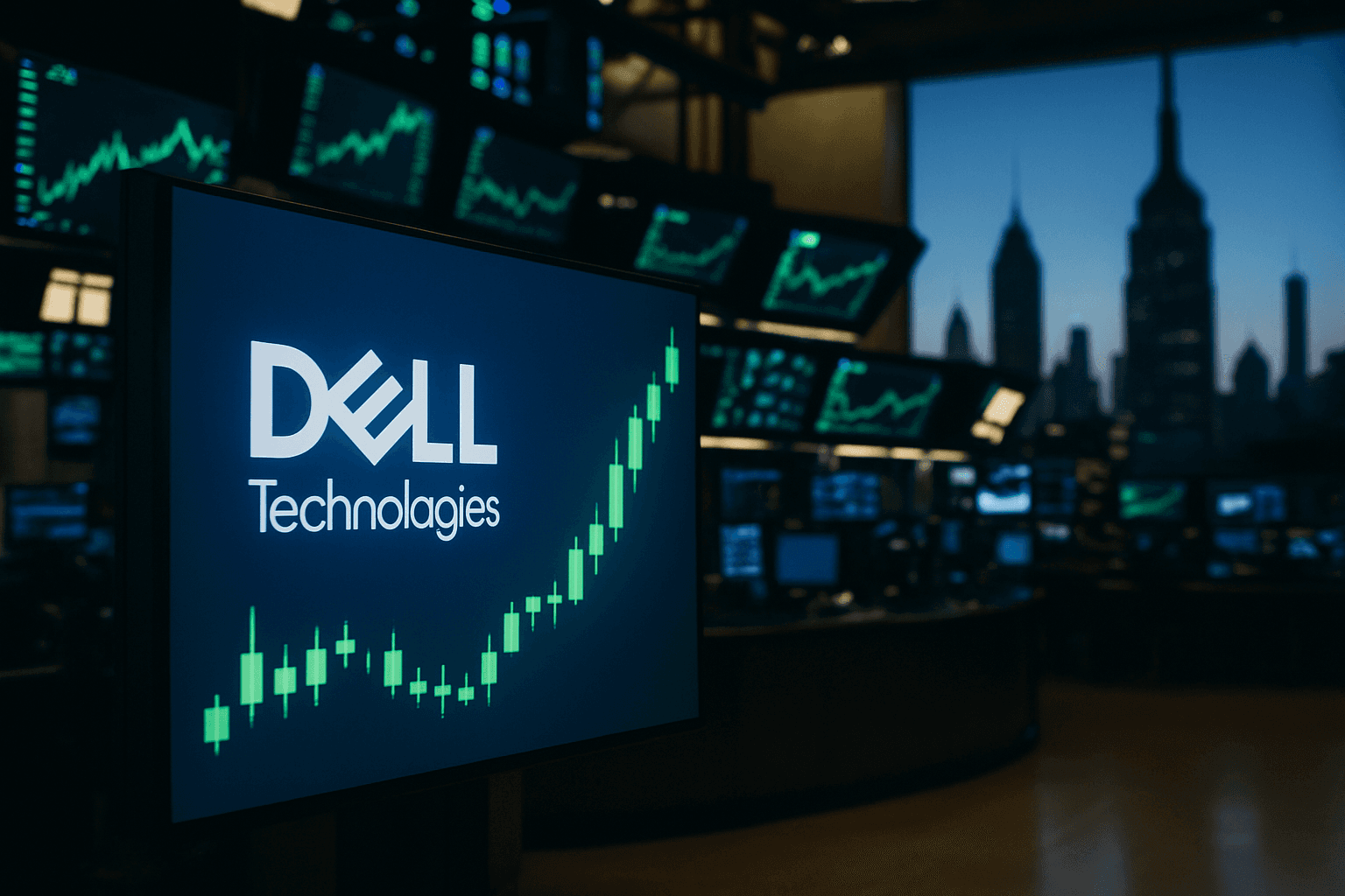 Traders on the floor of the New York Stock Exchange with a screen showing Dell Technologies stock rallying after earnings.