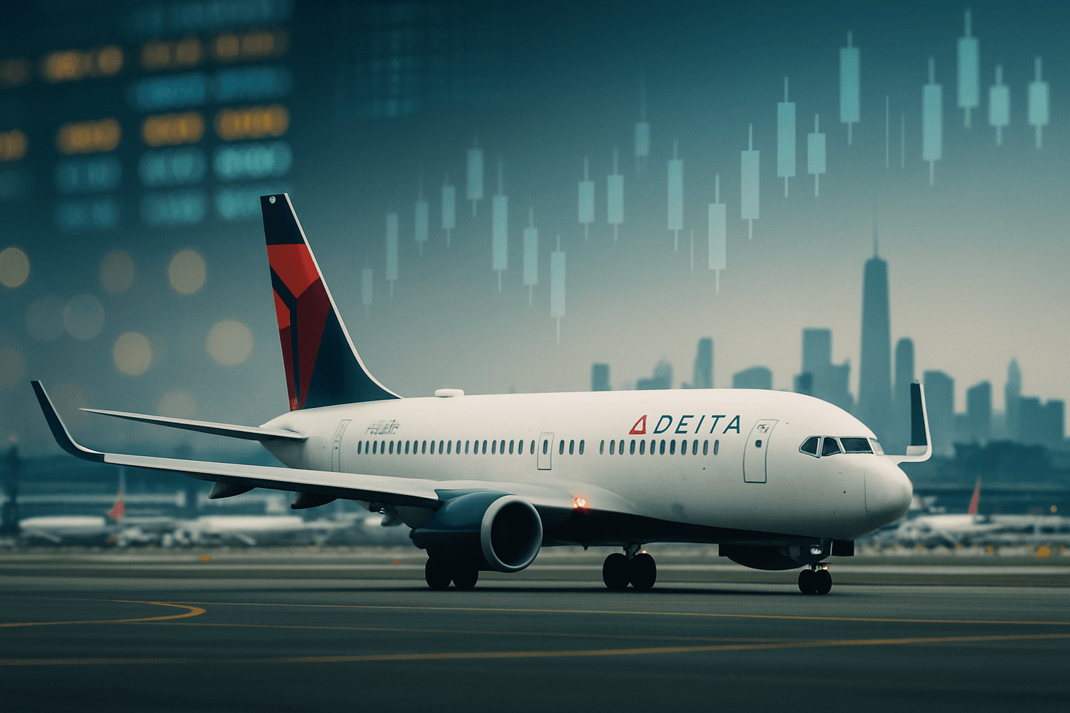 Delta Air Lines aircraft taxiing at a busy U.S. airport, symbolizing the airline sector’s strong earnings amid rising oil prices.