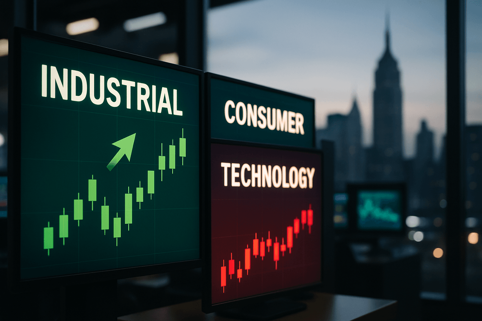 Wall Street trading screens showing industrial and consumer stocks rising as technology shares remain volatile