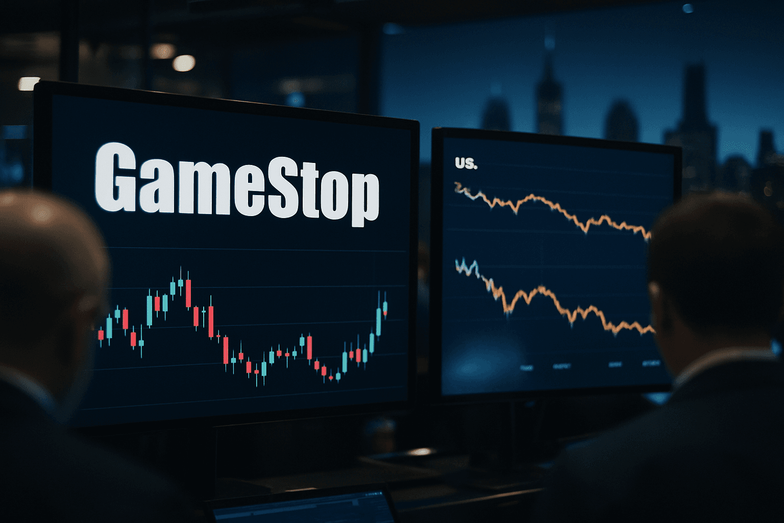 Traders monitor screens displaying GameStop stock and major U.S. equity indexes on the floor of a stock exchange.
