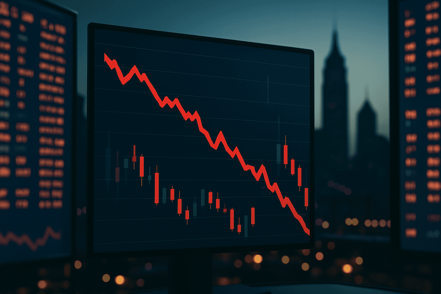 Stock market trading screens showing a sharp decline in technology and AI shares after hotter inflation data