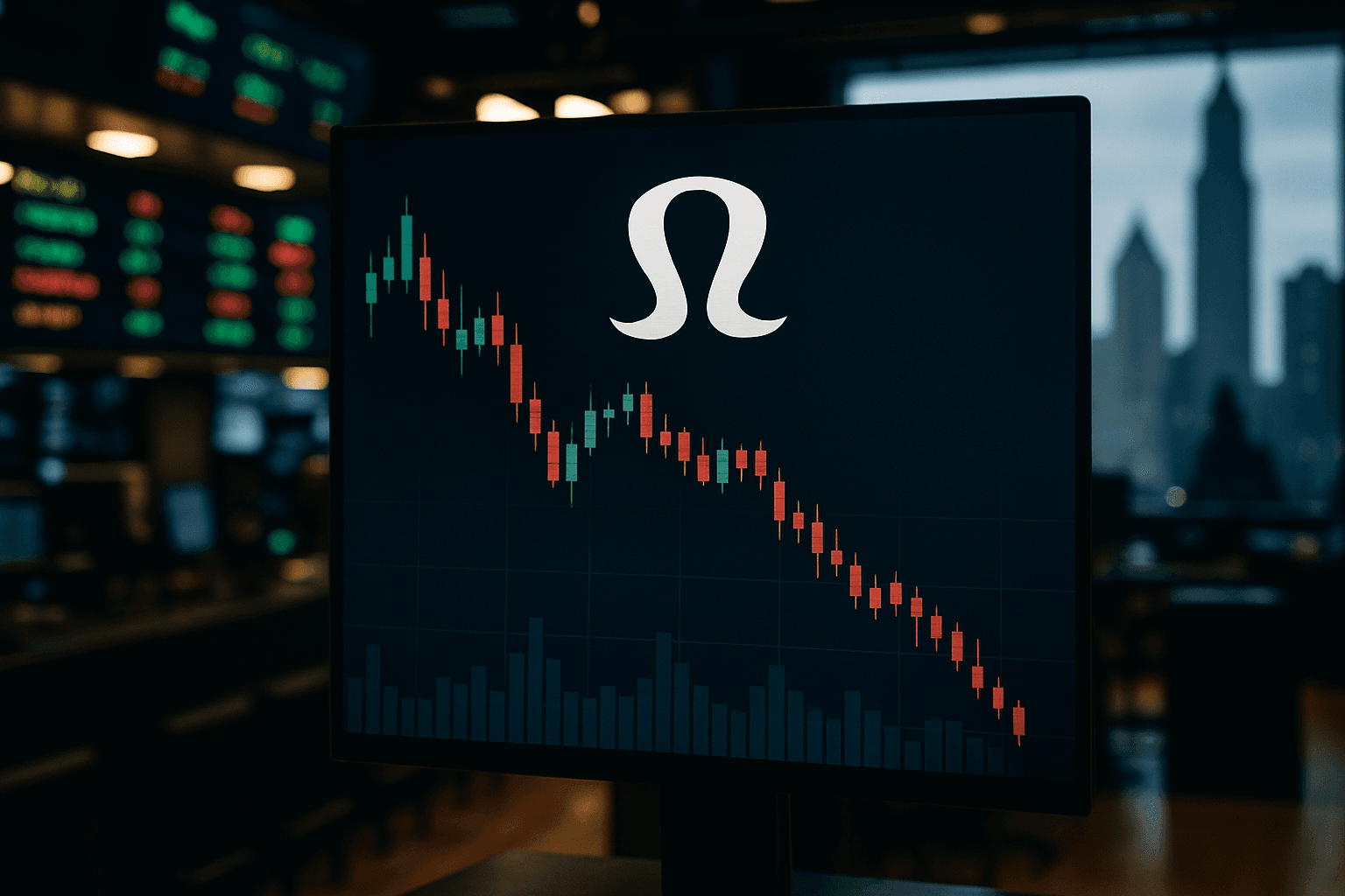 Traders watch a large screen showing Lululemon Athletica’s stock chart amid a sharp post-earnings selloff on the floor of a U.S. stock exchange.