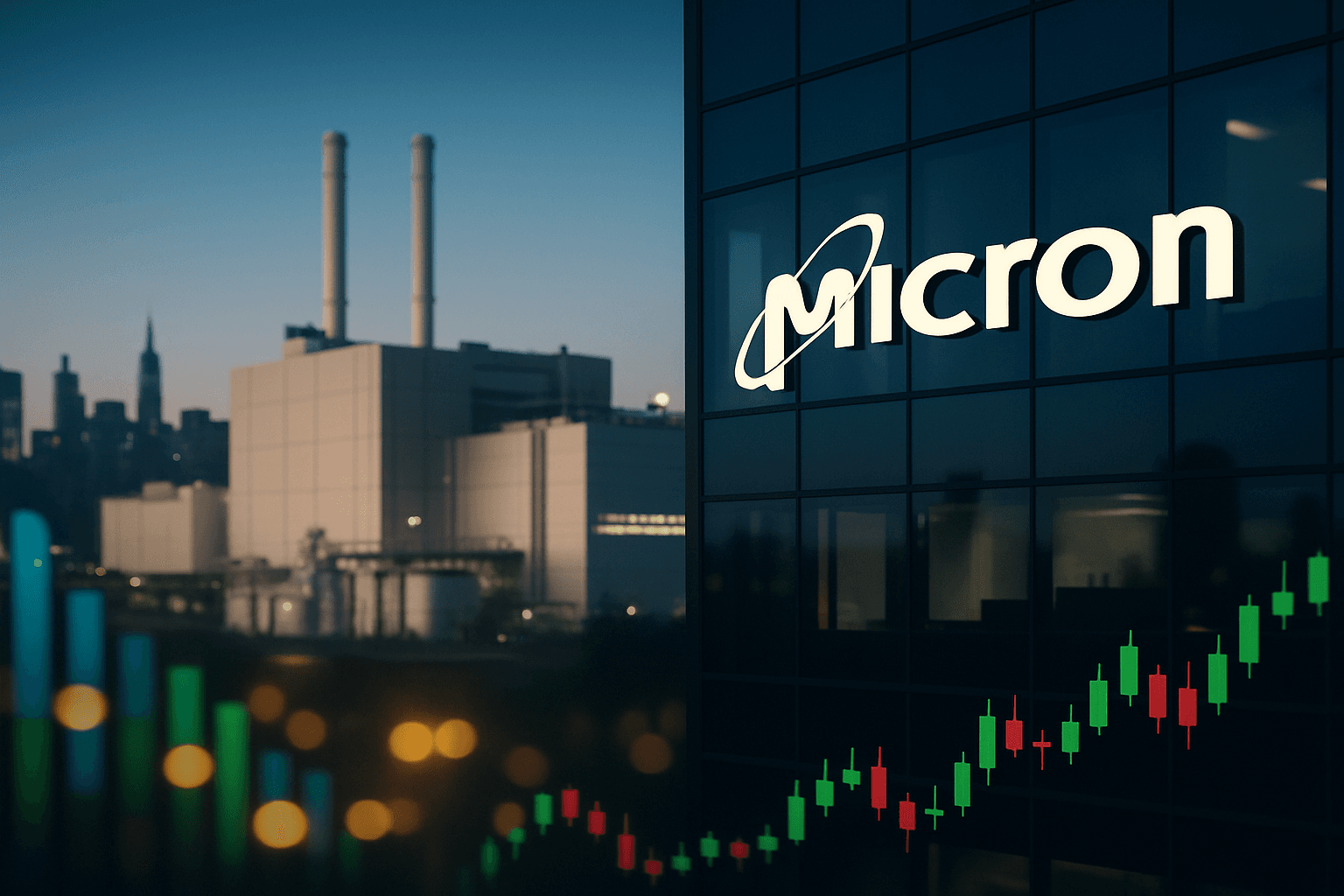 Micron Technology logo on a glass building with semiconductor fabrication plant in the background
