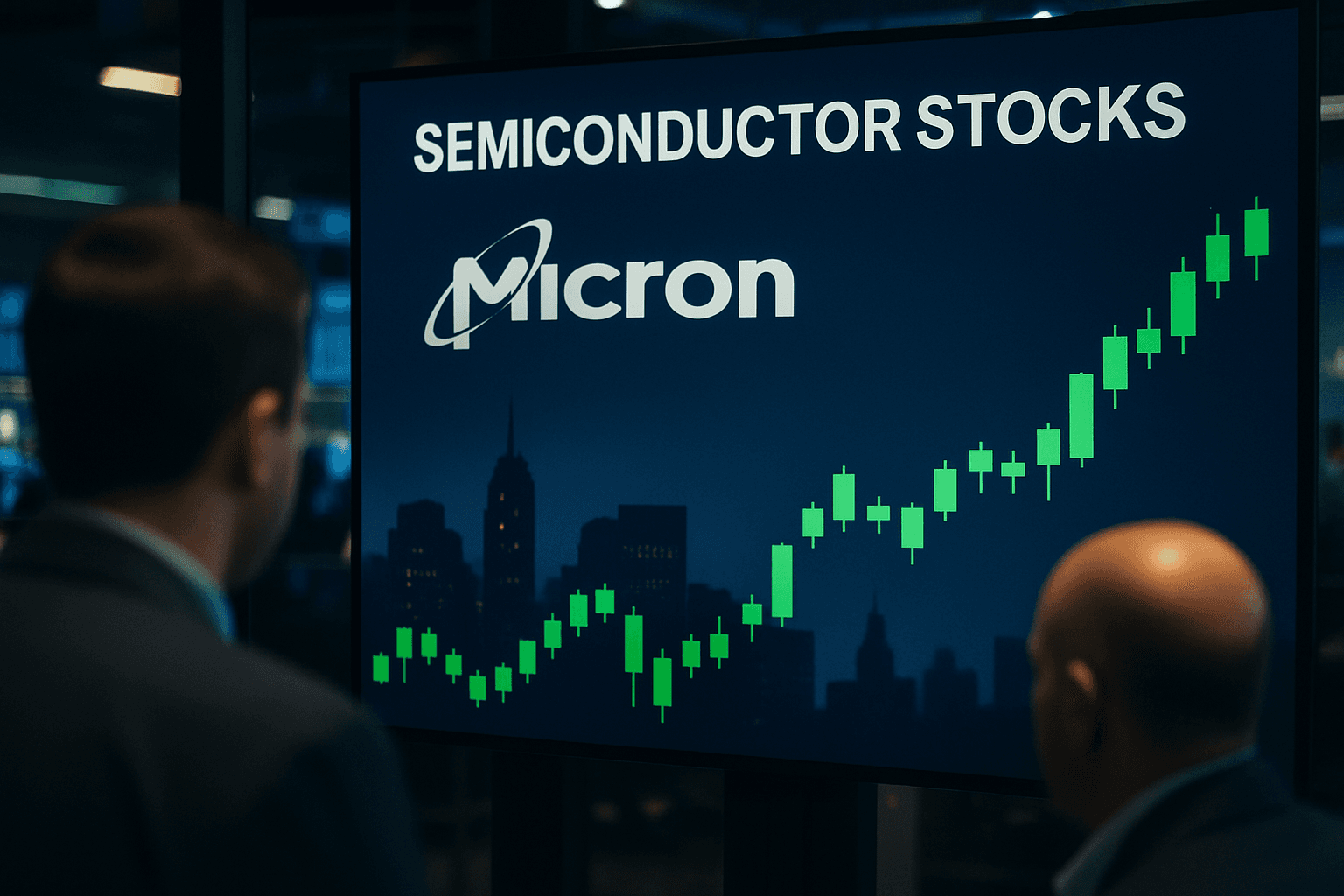 Traders watching semiconductor stocks on a trading floor display emphasizing Micron Technology’s post-earnings rally