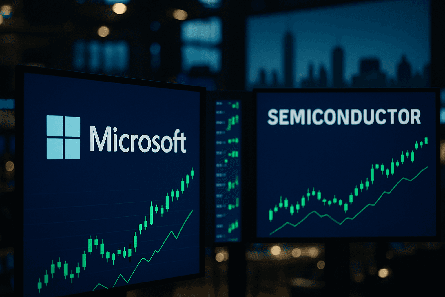 Traders watch large screens showing Microsoft and semiconductor stocks rallying on the floor of the New York Stock Exchange.