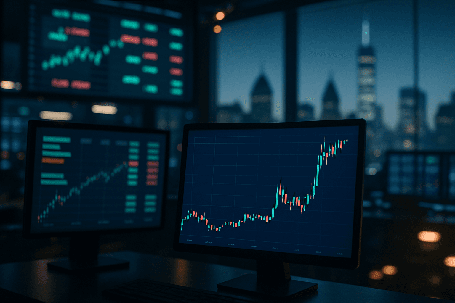 Traders watch a stock chart of Moderna showing a sharp spike on monitors at a U.S. trading floor