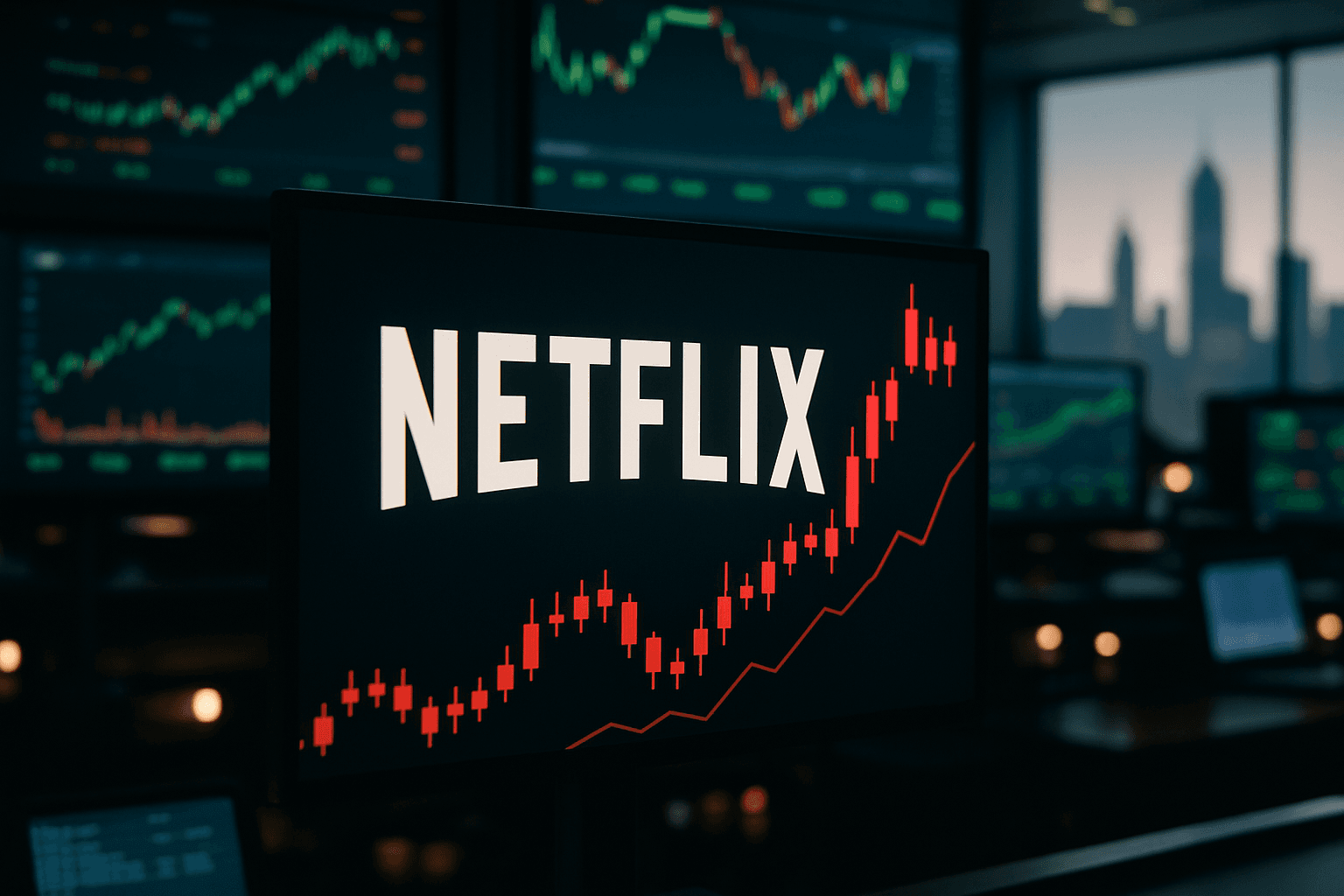 Traders watch Netflix stock move on a screen at a U.S. trading floor during earnings season.