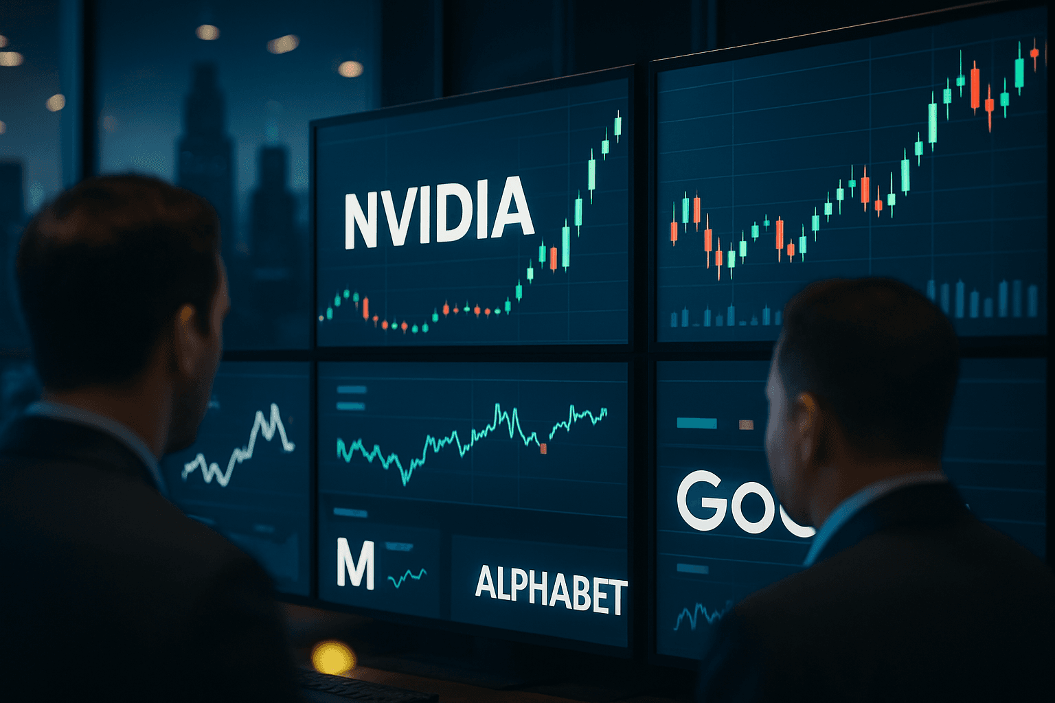 Traders watching monitors showing Nvidia and other large-cap tech stocks driving an AI-led rally in US equities