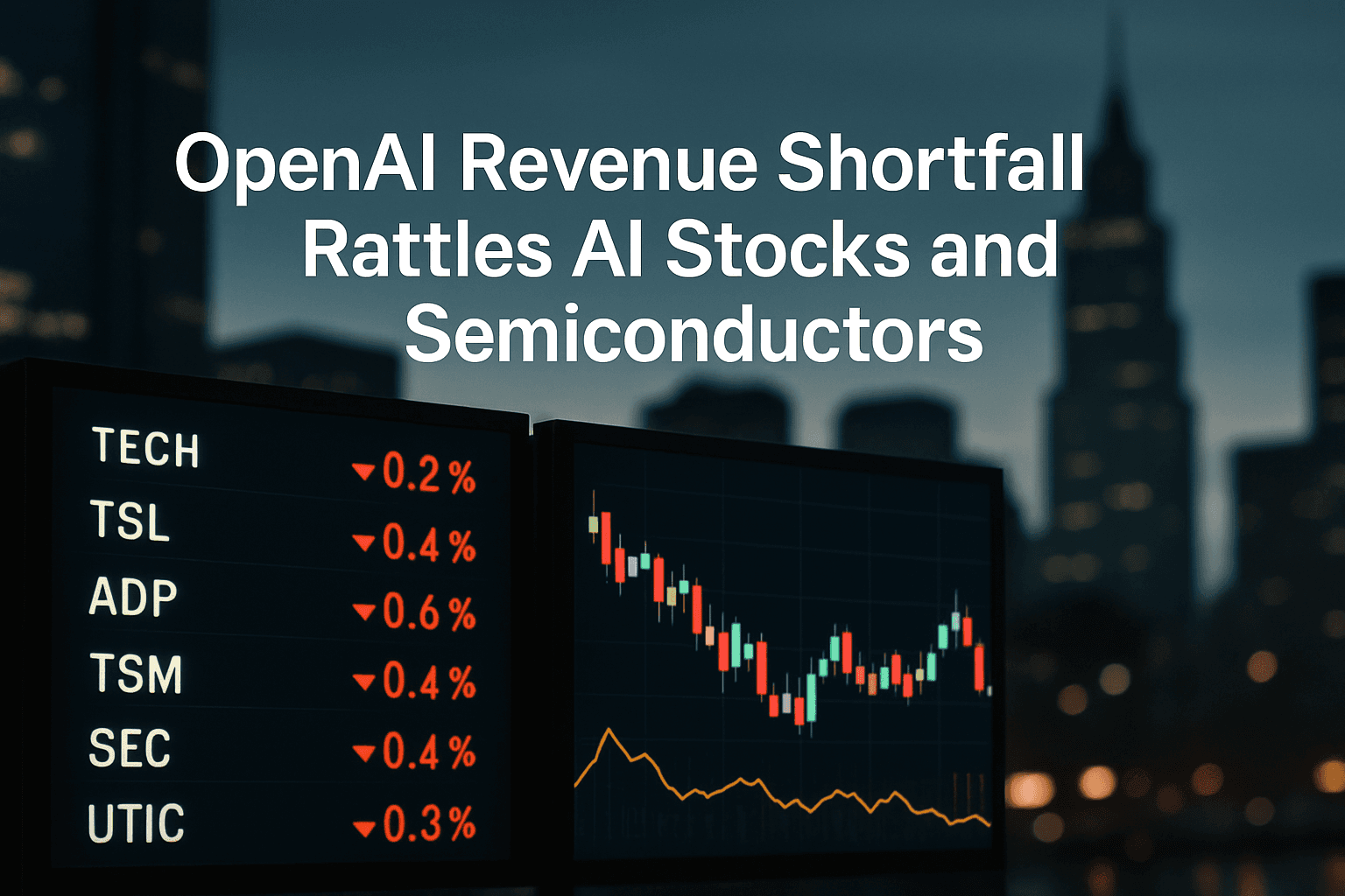 Electronic stock-market displays showing technology shares falling as investors reassess artificial-intelligence spending