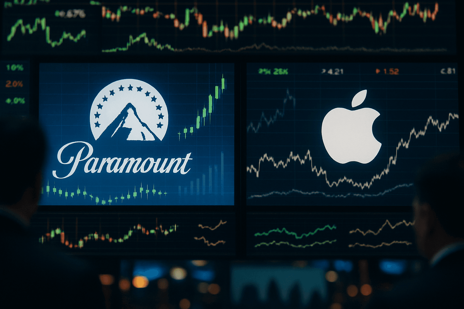 Traders watch screens displaying Paramount Global and Apple stock amid reports of a potential streaming bundle.