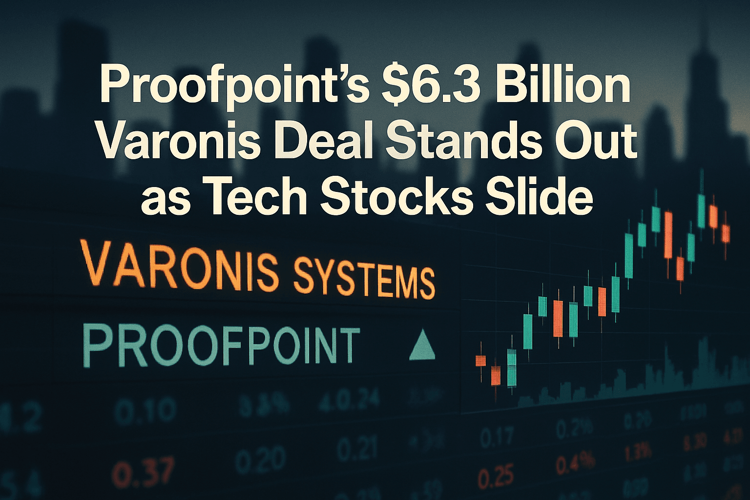 Stock-market display showing cybersecurity acquisition news for Varonis Systems and Proofpoint