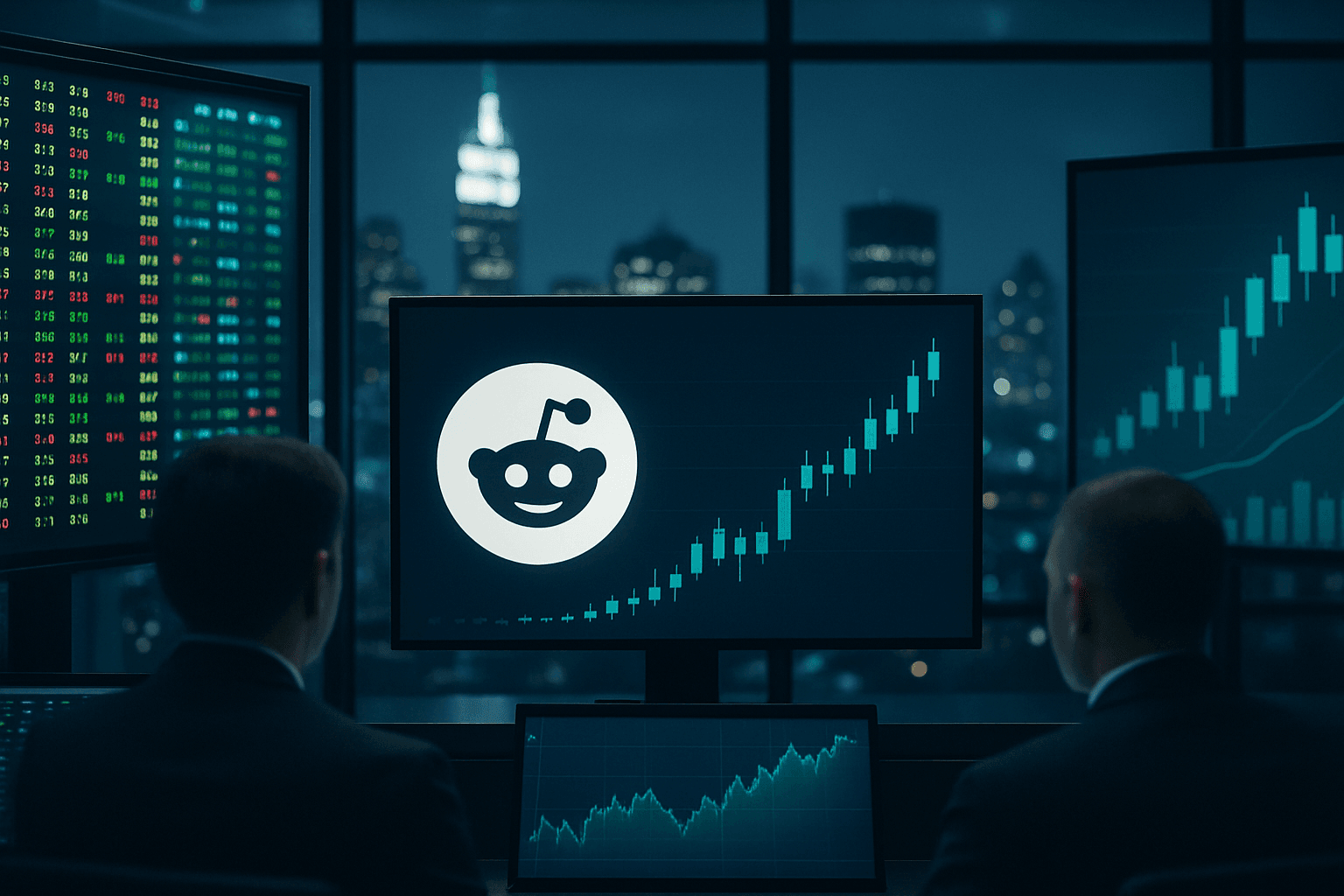 Traders monitor screens as Reddit shares rally on news of its inclusion in the S&P 500 index.
