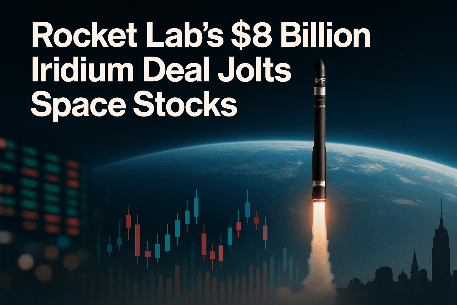 Rocket Lab launch vehicle against a backdrop of Earth from space, symbolizing its acquisition of satellite operator Iridium Communications.