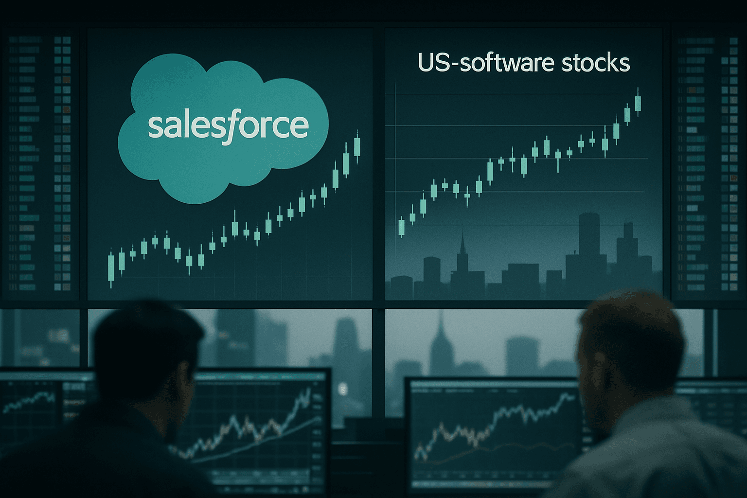 Traders monitor stock charts on a trading floor with Salesforce shares leading a rally in U.S. software stocks.