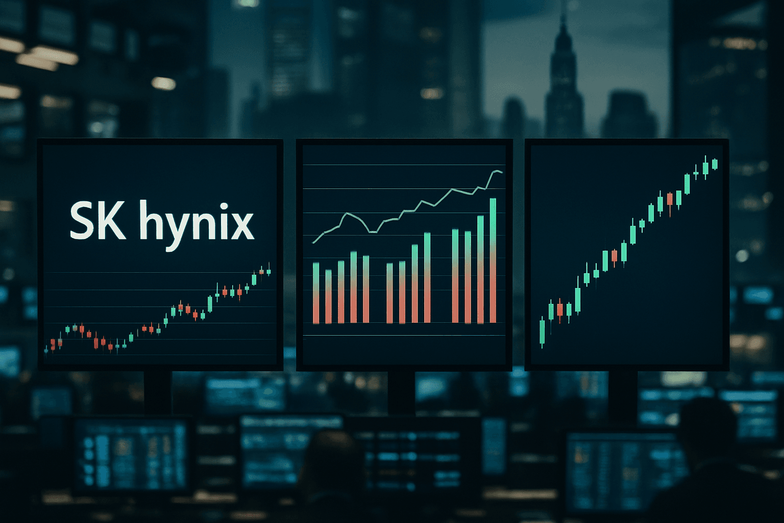 Traders monitor screens showing SK Hynix’s US ADR debut and major US stock indexes near record levels on a Wall Street trading floor.